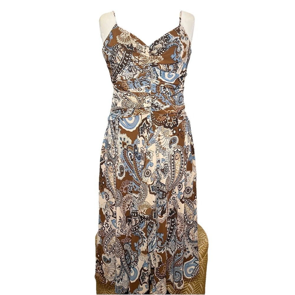 Vtg Bandolino Y2K Handkerchief Paisley Dress 14 Midi Brown Ruching Side Zip Boho